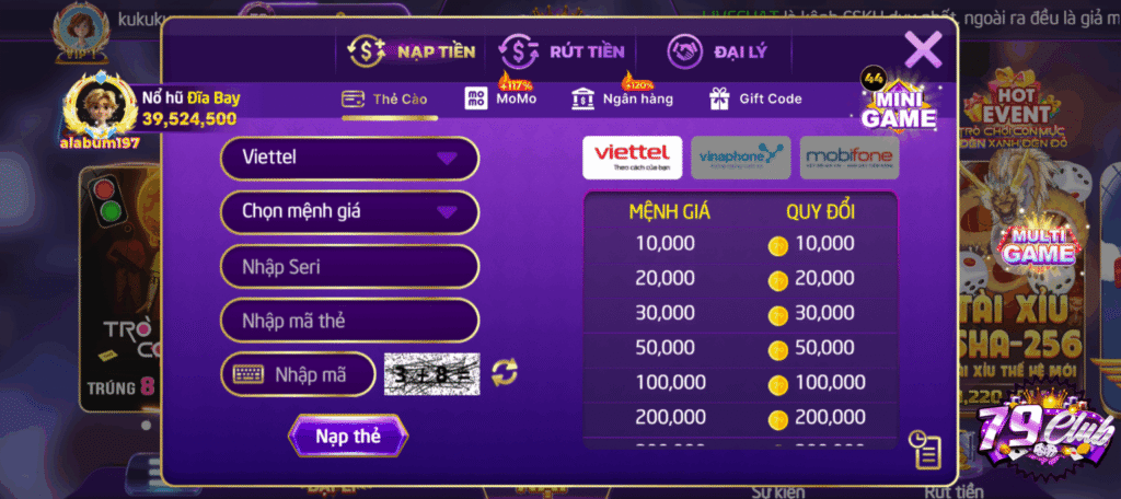 Tiến hành giao dịch nạp tiền vào tài khoản 79Club 